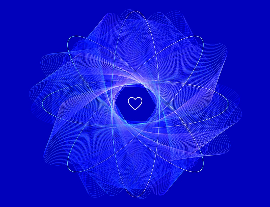 Stylized illustration of a circular grid of lines around outline of a heart shape
