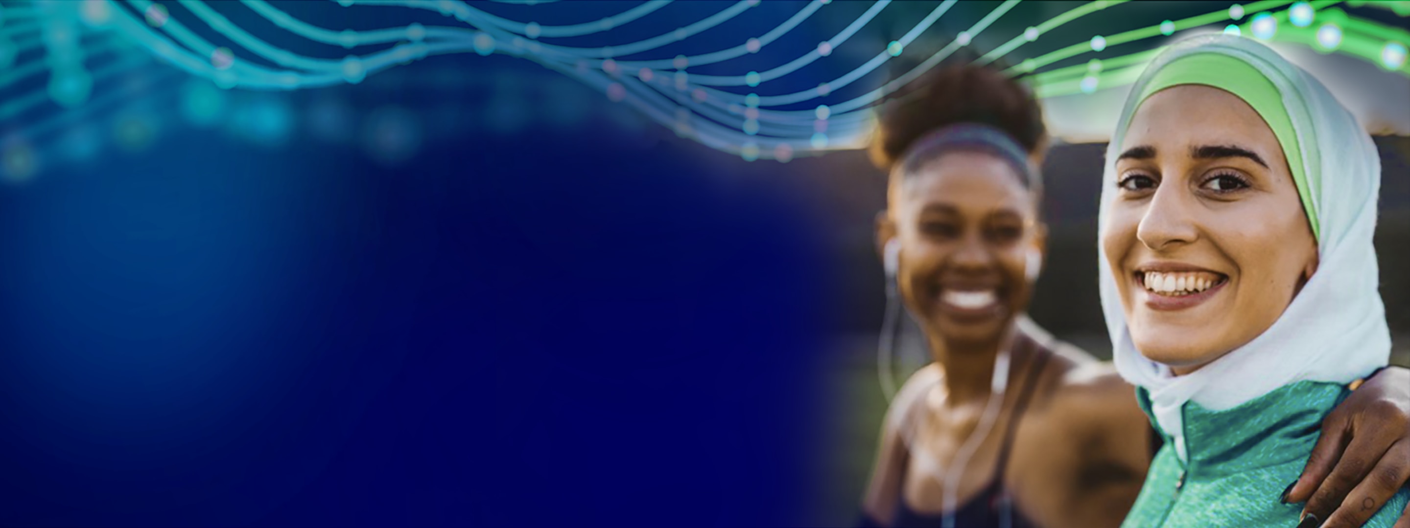 Hero image of two women on a blue background